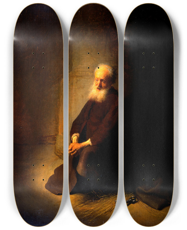 Triptych art skateboard deck of Rembrandt Van Rijn St Peter In Prison by Rembrandt Van Rijn (1606-1669)