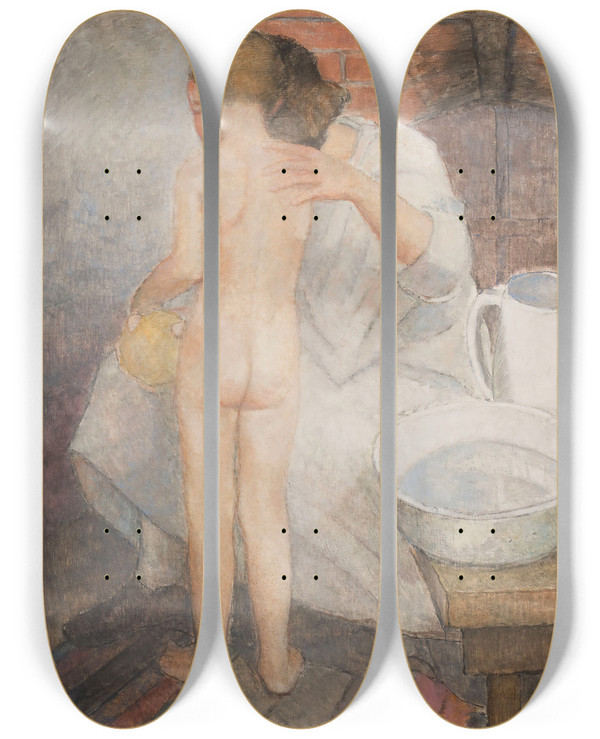 Triptych art skateboard deck of Alvar Cawn The Boy Is Washed by Alvar Cawen (1886-1935)