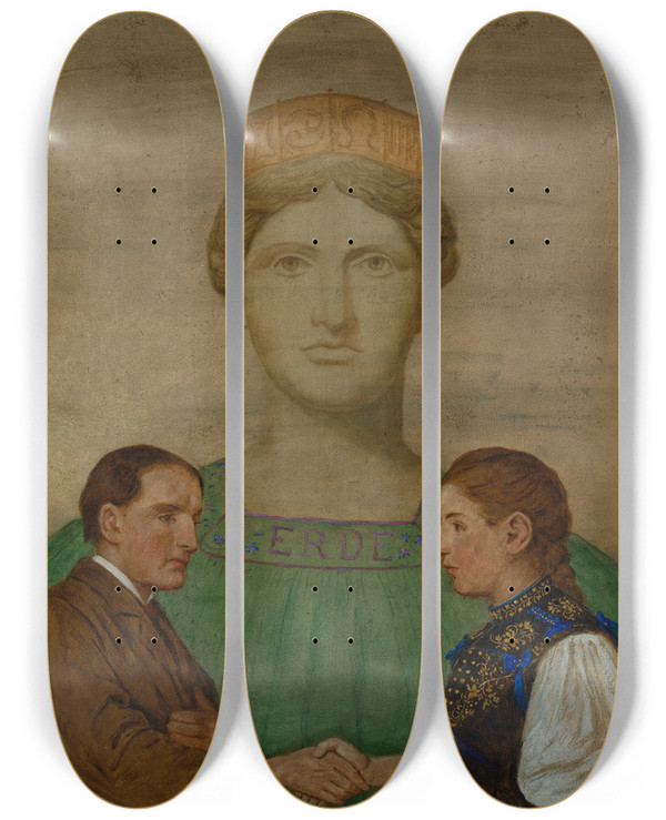 Triptych art skateboard deck of Hans Thoma Die Erde by Hans Thoma (1839-1924)