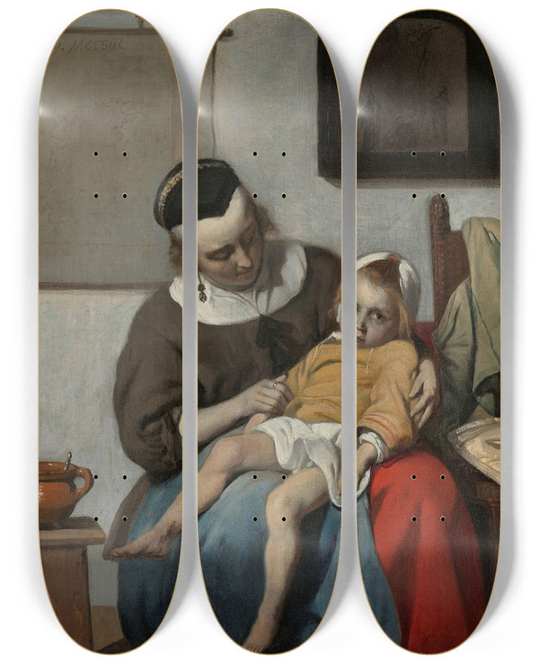 Triptych art skateboard deck of Gabriel Metsu The Sick Child by Gabriel Metsu (1629-1667)