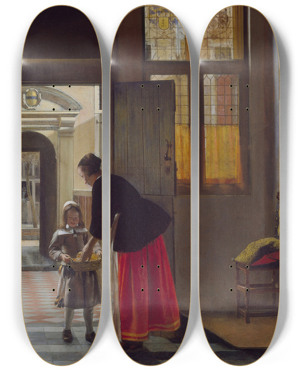 Triptych art skateboard deck of Pieter De Hooch A Boy Bringing Bread by Pieter De Hooch (1629-1684)