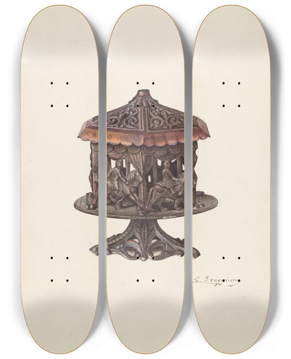 Triptych art skateboard deck of Sarkis Erganian Cast Iron Bank Merry Go Round by Sarkis Erganian