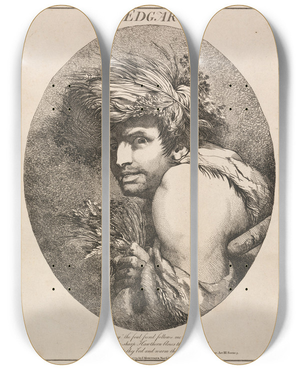 Triptych art skateboard deck of John Hamilton Mortimer Edgar From King Lear Act Iii Scene Iii by John Hamilton Mortimer (1740-1779)