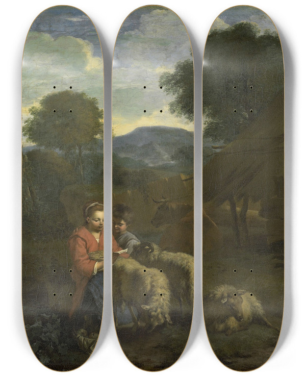 Triptych art skateboard deck of Simon Van Der Does Shepherdess Reading by Simon van der Does (1653-1717)