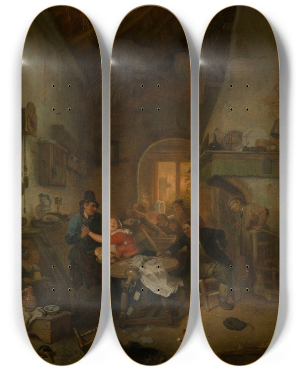 Triptych art skateboard deck of Ignatius Josephus Van Regemorter Cardplayers Quarreling_2 by Ignatius Josephus Van Regemorter (1785-1873)