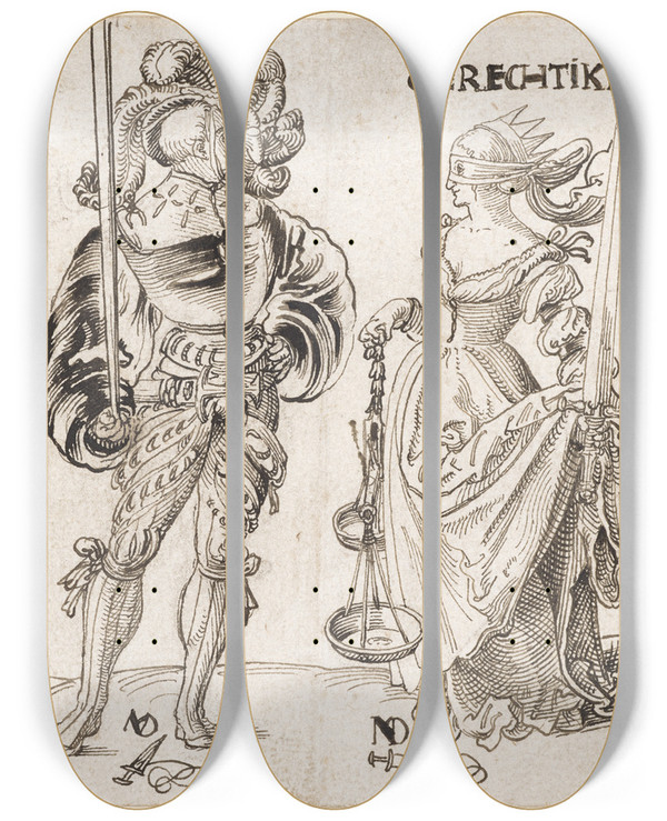 Triptych art skateboard deck of Niklaus Manuel Gerechtigkeit Und Eidgenosse by Niklaus Manuel (1484-1530)
