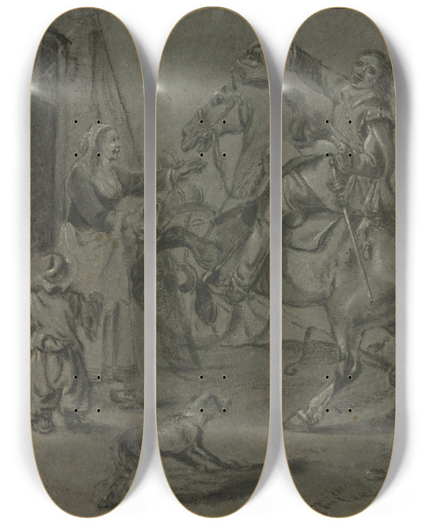 Triptych art skateboard deck of Pieter Van Laer Reiter Mit Einer Schelle In Der Rechten Auf Einem Sich Aufbumendem Pferd Sitzend Vor Ihm Seine Ihn Begrend Aus Dem Haus Tretende Frau Dabei Ein Kind In Rckansicht by Pieter Van Laer (1592-1642)