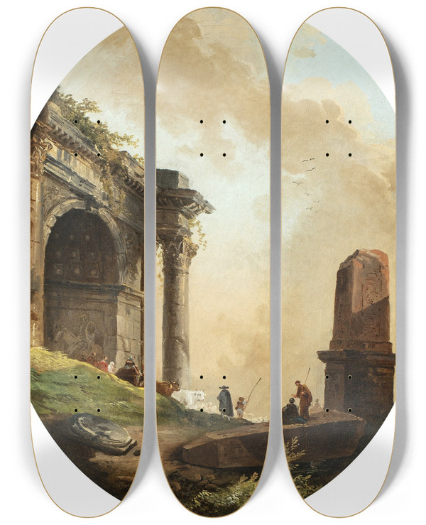 Triptych art skateboard deck of Hubert Robert Drovers And Their Livestock Before A Ruined Arch And Obelisk by Hubert Robert (1733-1808)