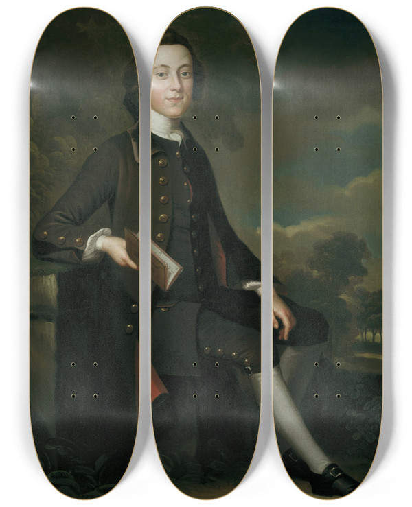 Triptych art skateboard deck of John Wollaston Portrait Of A Young Man by John Wollaston (1742-1775)