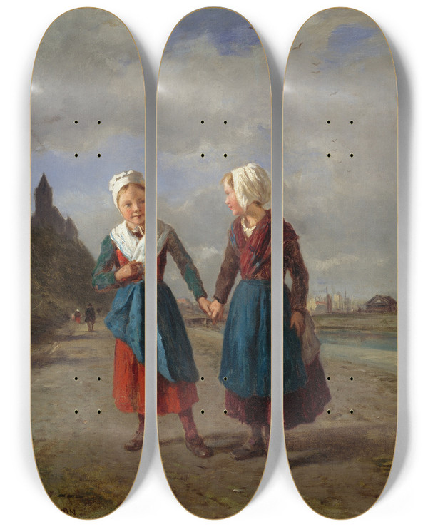 Triptych art skateboard deck of Constant Troyon Two Young Girls by Constant Troyon (1810-1865)