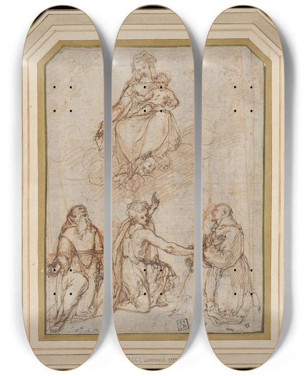 Triptych art skateboard deck of Bartolomeo Cesi Madonna And Child With Ss Benedict John The Baptist And Francis by Bartolomeo Cesi (1556-1629)