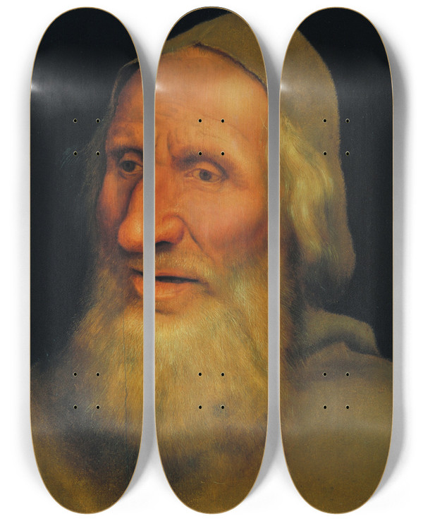 Triptych art skateboard deck of Quentin Massys Head Of An Old Man by Quentin Massys (1466-1530)