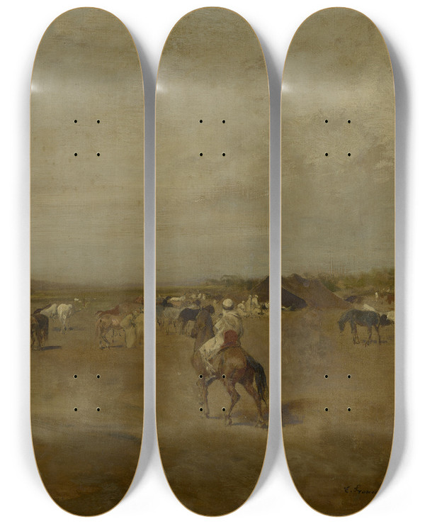 Triptych art skateboard deck of Eugne Fromentin Arabianencampment by Eugene Fromentin (1820-1876)