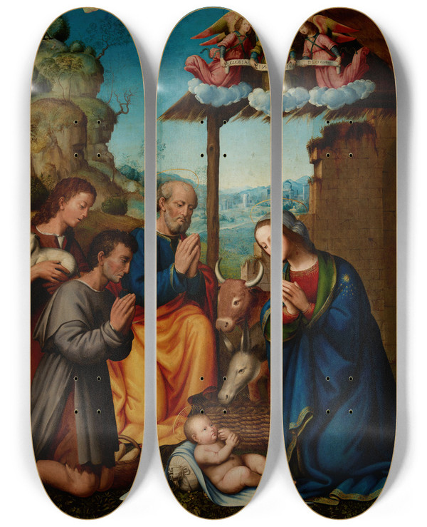 Triptych art skateboard deck of Tommaso Fiorentino Adoration Of The Shepherds Adoration Of The Child By Mary St Joseph And Shepherds by Tommaso Fiorentino (1495-1564)