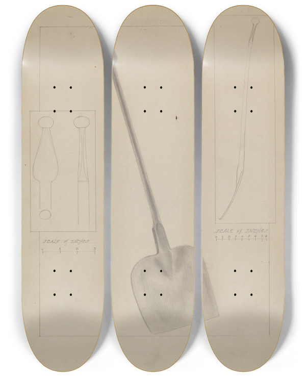 Triptych art skateboard deck of Donald Streeter Wrought Iron Fireplace Shovel by Donald Streeter