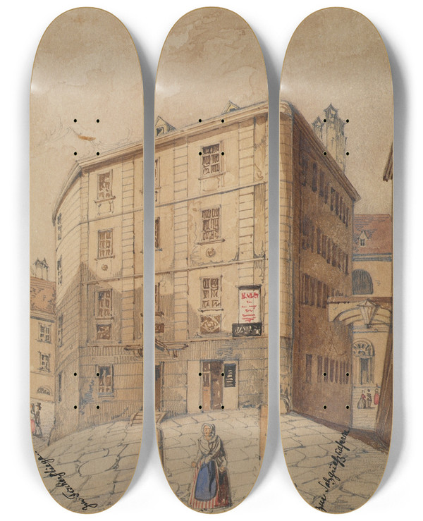 Triptych art skateboard deck of Friedrich Leibold Der Weg Zur Fischerstiege Beziehungsweise Zur Salzgrieskaserne In Wien by Friedrich Leibold (19-)