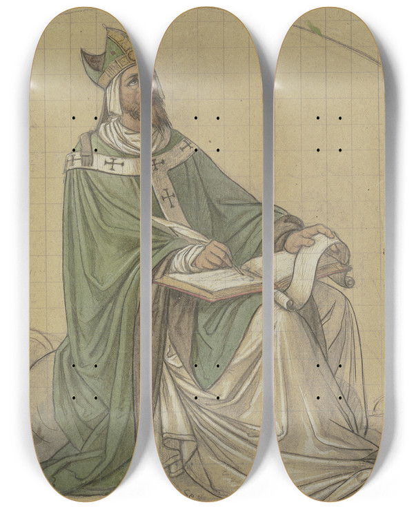 Triptych art skateboard deck of Leopold Bode Der Heilige Augustinus Sitzend Und In Ein Buch Schreibend by Leopold Bode (1831-1906)