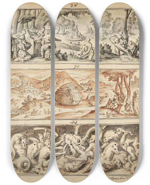 Triptych art skateboard deck of Bartholomus Dietterlin Findung Mosis Die Arche Und Drei Weitere Kompositionen by Bartholomaus Dietterlin (1609-1624)