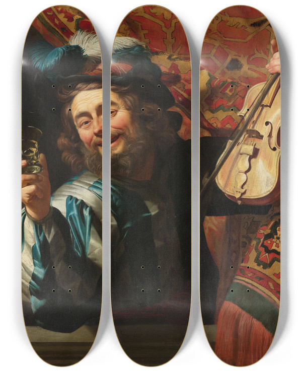 Triptych art skateboard deck of Gerard Van Honthorst The Merry Fiddler by Gerard Van Honthorst (1592-1656)