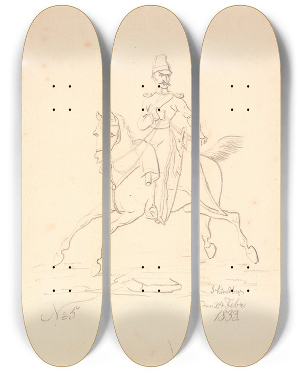 Triptych art skateboard deck of Johan Thomas Lundbye Soldat Til Hest Vendt Mod Venstre by Johan Thomas Lundbye (1818-1848)