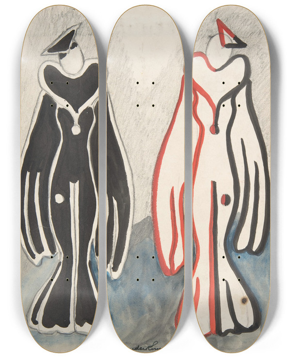 Triptych art skateboard deck of Sergey Yurievich Sudeikin Costumes For New Faces Radio City Female Dominoes by Sergey Yurievich Sudeikin (1882-1946)