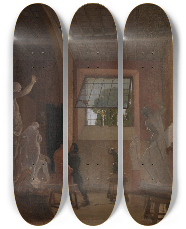 Triptych art skateboard deck of David Jacobsen The Sculptor Jens Adolph Jerichau In His Studio In Rome by David Jacobsen (1821-1871)