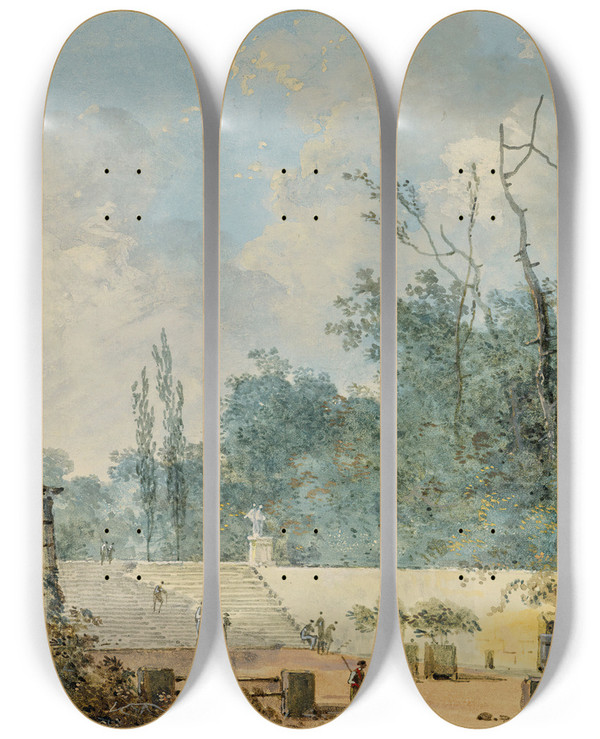 Triptych art skateboard deck of Louis Gabriel Moreau Deux Vues Du Parc De Saintcloud by Louis Gabriel Moreau (1740-1806)