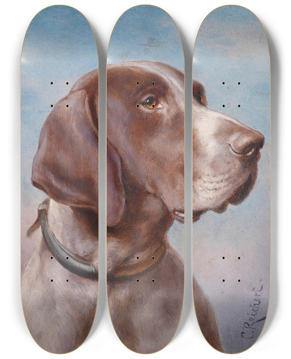Triptych art skateboard deck of Carl Reichert Hundeportrait by Carl Reichert (1836-1918)