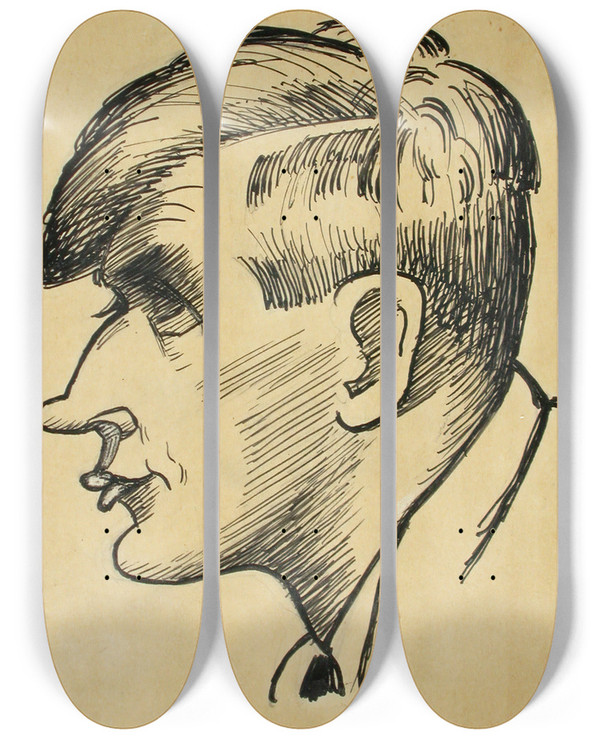 Triptych art skateboard deck of Ilmari Aalto Composer Uuno Klami Caricature by Ilmari Aalto (1891-1934)