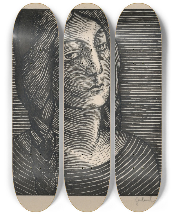 Triptych art skateboard deck of Mikul Galanda Head Of A Woman With Long Braids_1 by Mikulas Galanda (1895-1938)