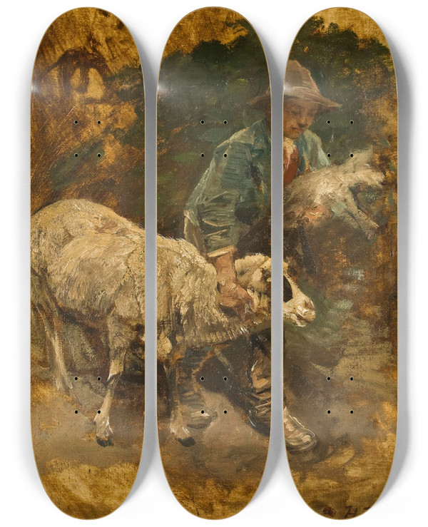 Triptych art skateboard deck of Heinrich Von Zgel A Shepherd Boy With A Lambkin And A Sheep by Heinrich Von Zugel (1850-1941)