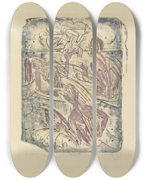 Triptych art skateboard deck of Ernst Ludwig Kirchner Spritzende Badende by Ernst Ludwig Kirchner (1880-1938)