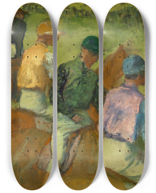 Triptych art skateboard deck of Edgar Degas Fourjockeys by Edgar Degas (1834-1917)