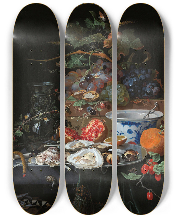 Triptych art skateboard deck of Abraham Mignon Still Life With Fruit Oysters And A Porcelain Bowl by Abraham Mignon (1640-1679)