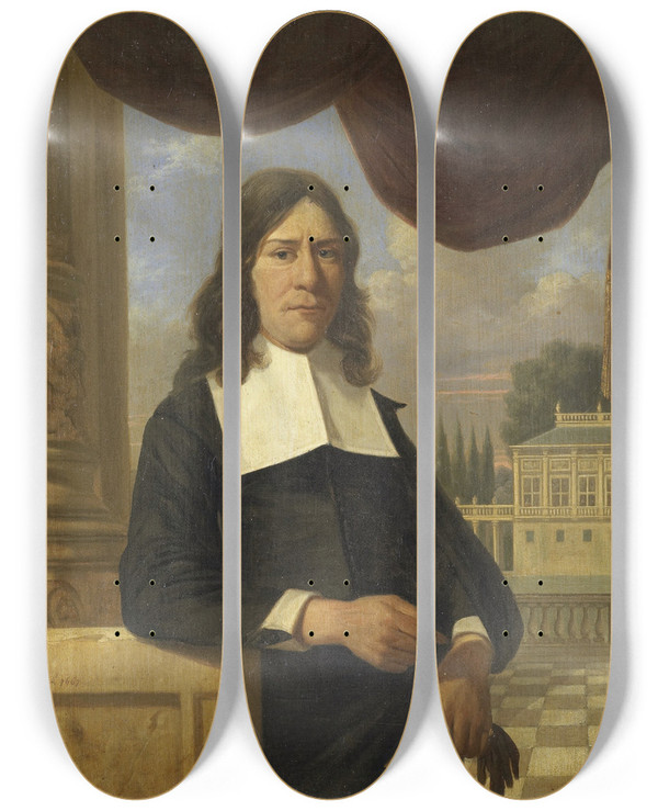 Triptych art skateboard deck of Job Adriaensz Berckheyde Nicolaes Eichelberg D 1699 Haarlem Merchant Husband Of Helena Van Der Schalcke by Job Adriaensz Berckheyde (1630-1693)