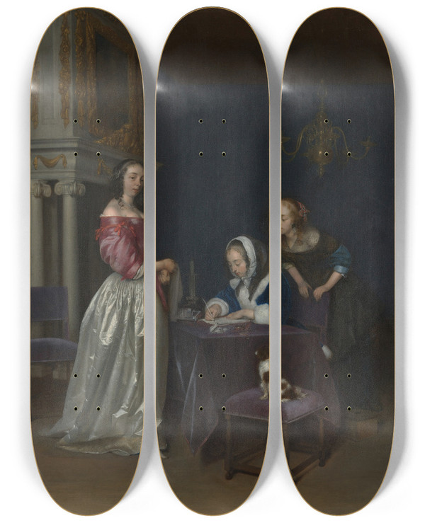 Triptych art skateboard deck of Gerard Ter Borch Curiosity by Gerard Ter Borch (1617-1681)
