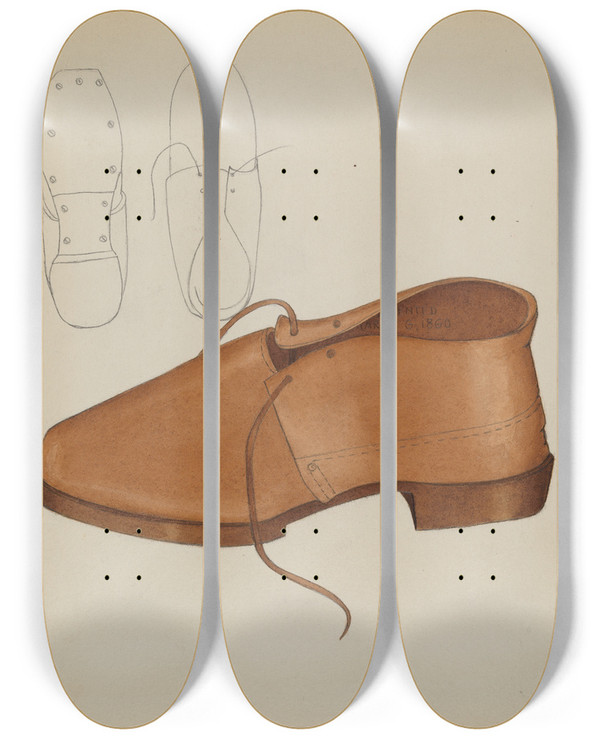 Triptych art skateboard deck of Marie Mitchell Mans Shoe by Marie Mitchell