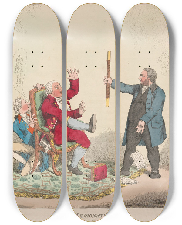 Triptych art skateboard deck of Charles Ansell The Resignation by Charles Ansell