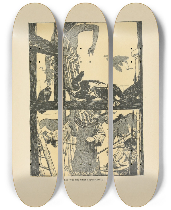 Triptych art skateboard deck of Arthur Rackham Then Was The Thiefs Opportunity by Arthur Rackham (1867-1939)