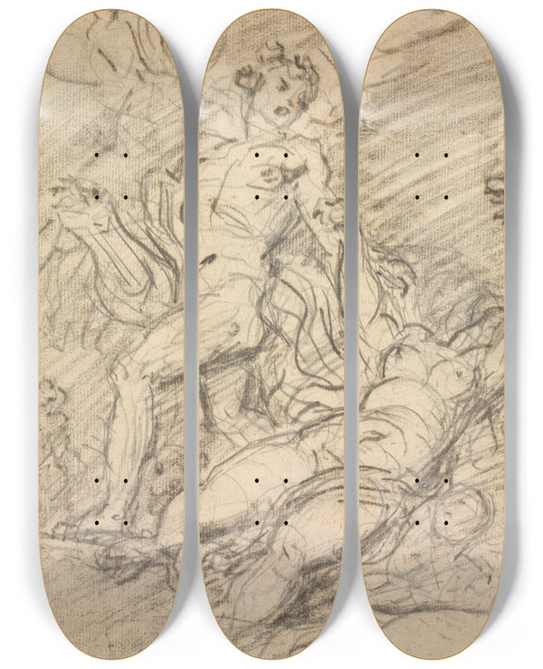 Triptych art skateboard deck of Jeanhonor Fragonard Orpheus And Eurydice Recto by Jean-Honor Fragonard (1732-1806)