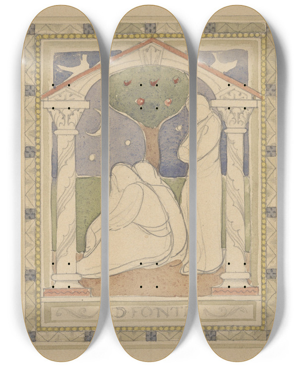 Triptych art skateboard deck of Antoon Derkinderen Ad Fontes by Antoon Derkinderen (1859-1925)