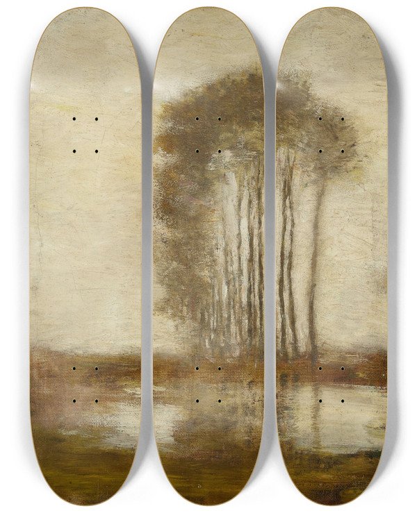 Triptych art skateboard deck of Homer Dodge Martin Landscape With Poplars by Homer Dodge Martin (1836-1897)