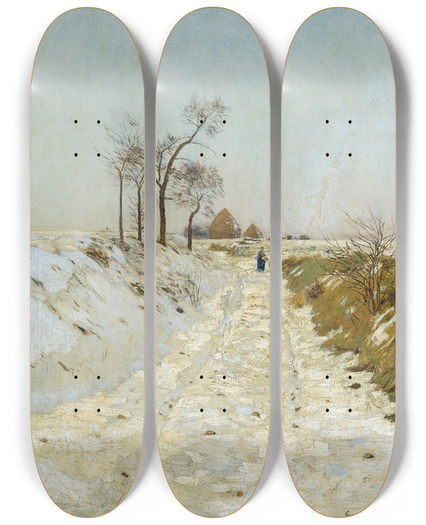 Triptych art skateboard deck of Eugen Jettel Hohlweg Im Winter by Eugen Jettel (1845-1901)