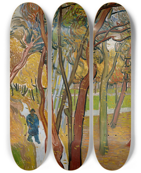 Triptych art skateboard deck of Vincent Van Gogh The Garden Of Saint Pauls Hospital The Fall Of The Leaves by Vincent van Gogh (1853-1890)