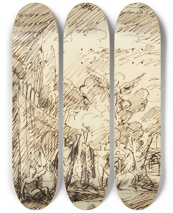 Triptych art skateboard deck of Benjamin West Figures In Landscape by Benjamin West (1738-1820)