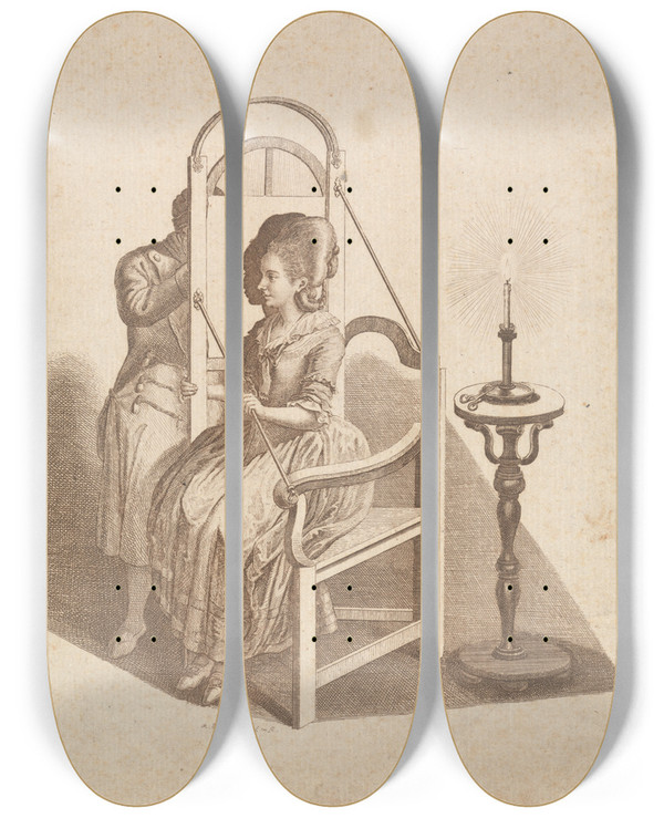 Triptych art skateboard deck of Johann Rudolph Schellenberg Artist Drawing A Womans Silhouette by Johann Rudolph Schellenberg (1740-1806)