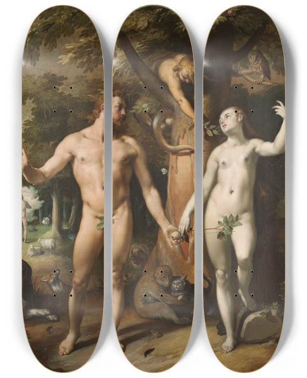 Triptych art skateboard deck of Cornelis Cornelisz Van Haarlem The Fall Of Man by Cornelis Cornelisz Van Haarlem (1562-1638)
