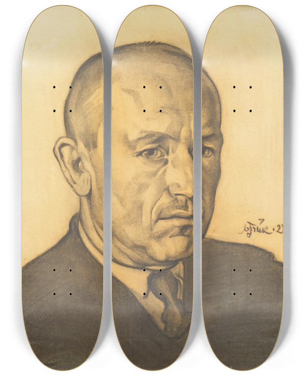 Triptych art skateboard deck of Nikolai Triik A H Tammsaare Portree by Nikolai Triik (1884-1940)