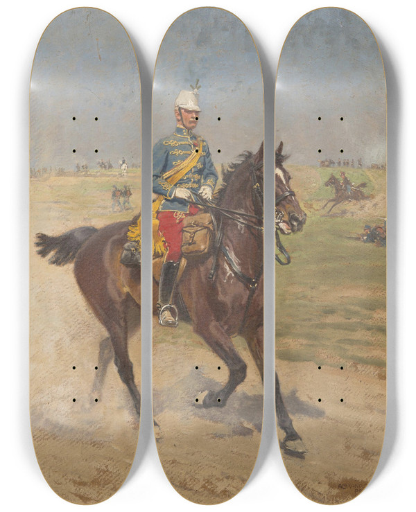 Triptych art skateboard deck of Alexander Pock Reitender Soldat by Alexander Pock (1871-1950)