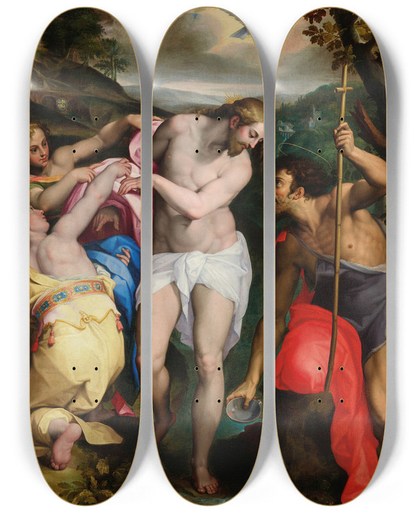 Triptych art skateboard deck of Orazio Samacchini The Baptism Of Christ by Orazio Samacchini (1532-1577)